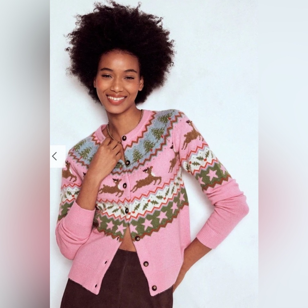 NWT Boden Pink Reindeer Fair Isle Christmas Cardigan Sweater Small